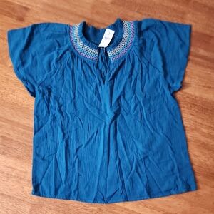 LOFT Teal Short Sleeve Top with Embroidered Collar